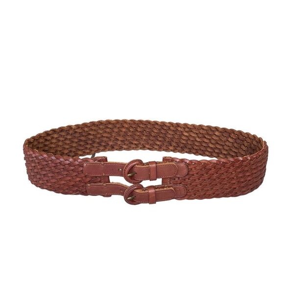 ABERCROMBIE & FITCH Leather Woven Braided Wide Belt Double Buckle Brown L main image 11